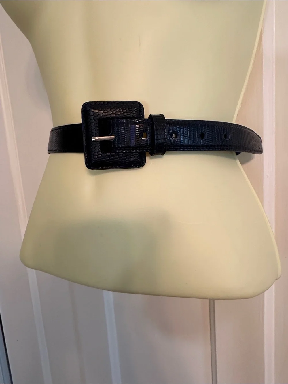 Dark Navy Blue Textured Square-Buckle Faux Leather Belt